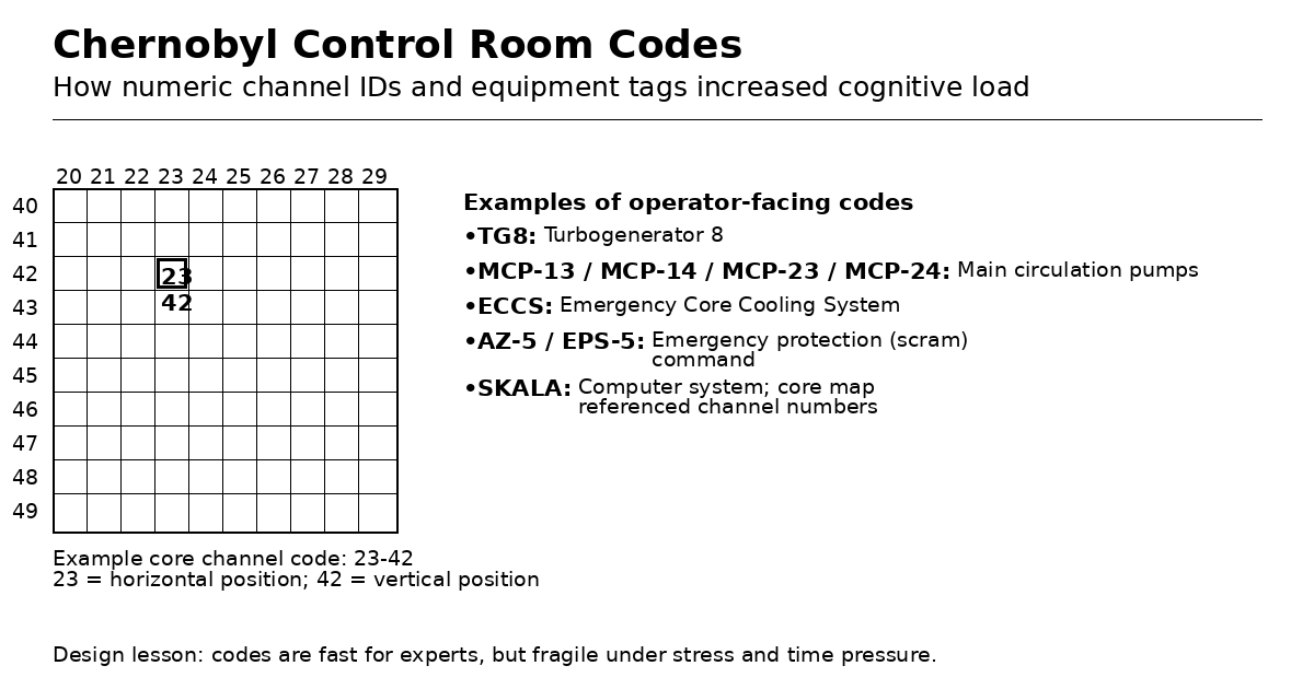 Infographic showing an RBMK core-channel code (23–42) on a grid and listing common operator-facing codes like TG8, MCP-13/14/23/24, ECCS, AZ‑5/EPS‑5, and SKALA.
